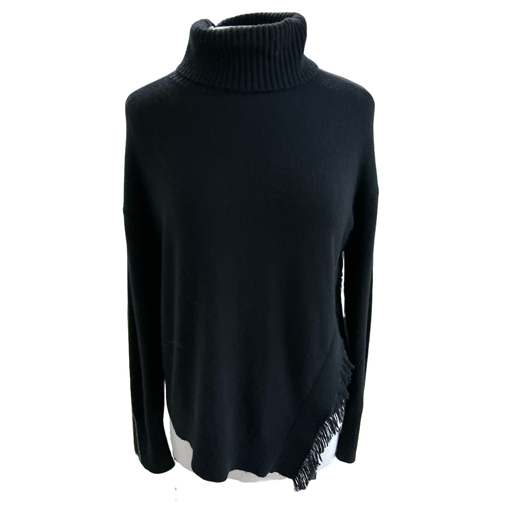 Vineyard Vines Black Size Small Sweater  Wool Cashmere Fringe Trim Turtleneck
